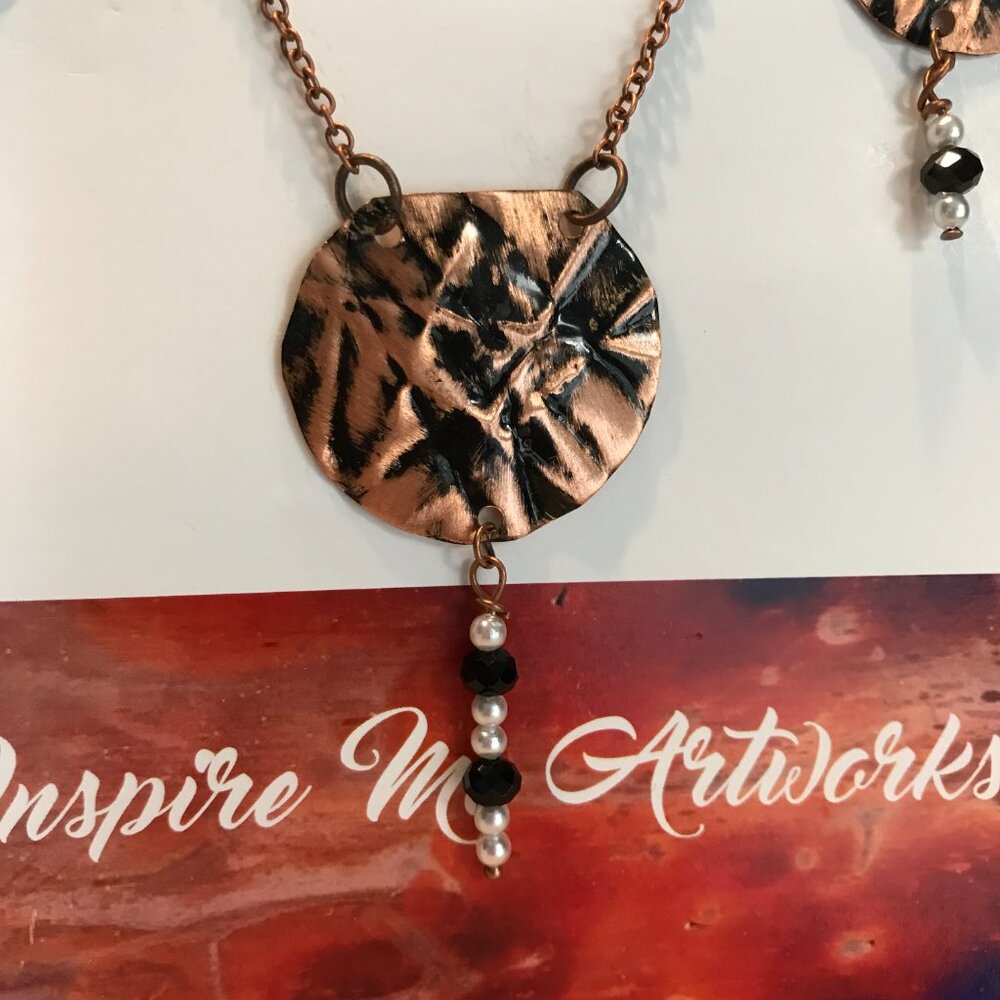 Hammered Copper with Black Markings Pendant and Earrings 21 Inches Long - Picture 2 of 2